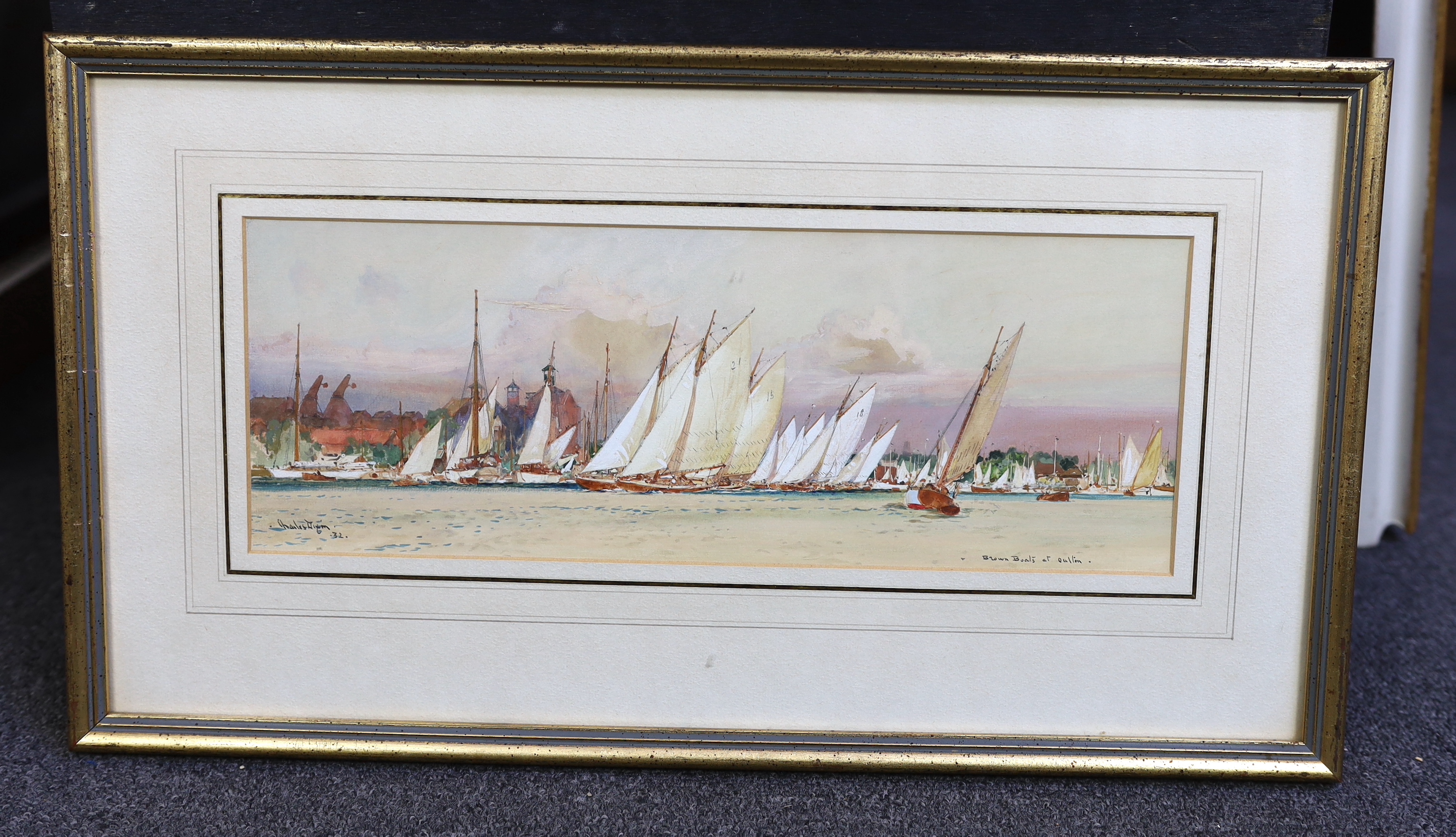 Charles Edward Dixon, R.I. (English, 1872-1934), 'Blown Boats at Ouldon', 'Oulton Broad' & 'Breydon Water', three watercolours, 14 x 38cm